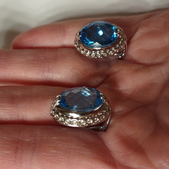 Hold For Sara- Blue Topaz earrings 14kt white gold, channel set diamonds, French - Picture 5 of 9
